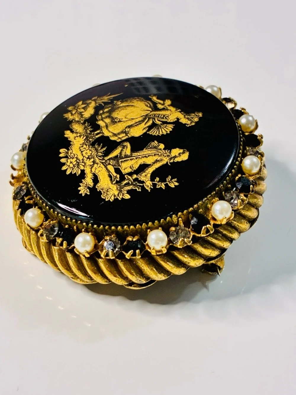 VTG Original By Robert Black and Gold Enamel Brooch with Pearls Courting Scene